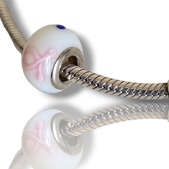 Pandora-like Breast Cancer Awareness Pink Ribbon Murano Charm S.S. 925 - Picture 13 of 16